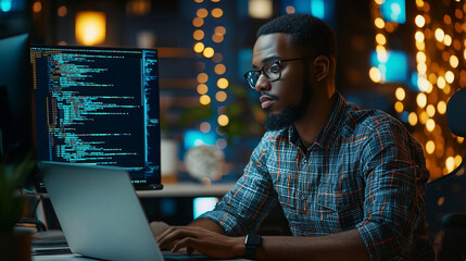 Focused software developer working late in a modern office