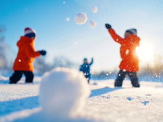 Children playing in snowy landscape, throwing snowballs joyfully. bright sun shines in background, creating cheerful winter scene filled with laughter and fun