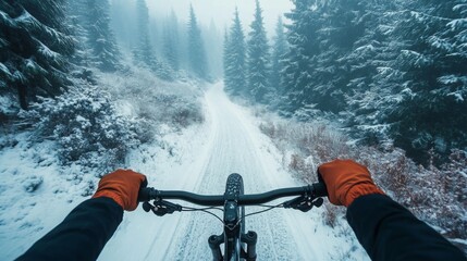 Aufkleber - A cyclist navigates a snowy trail surrounded by tall evergreen trees. The view captures the handlebars while the rider experiences the cool, crisp air of a winter morning in the forest.