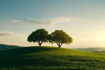 serene landscape featuring two lush trees on green hill under clear sky. tranquil scene evokes sense of peace and harmony with nature