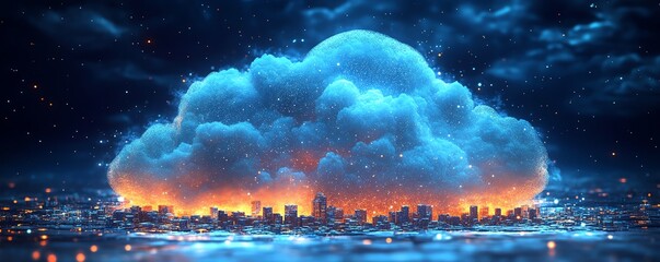 Fototapete - Cloud computing concept illustrated by a glowing digital cloud above a city