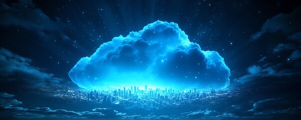 Fototapete - Cloud computing concept illustrated by a glowing digital cloud above a city