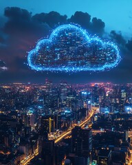 Fototapete - Cloud computing concept with a digital cloud hovering over a cityscape, symbolizing data storage, technology, and the future of urban connectivity in a modern, techdriven world