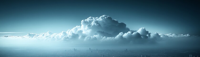 Fototapete - Cloud computing concept with a digital cloud hovering over a cityscape, symbolizing data storage, technology, and the future of urban connectivity in a modern, techdriven world