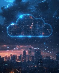 Fototapete - Cloud computing concept with a digital cloud hovering over a cityscape, symbolizing data storage, technology, and the future of urban connectivity in a modern, techdriven world