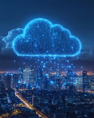 Fototapete - Cloud computing concept with a digital cloud hovering over a cityscape, symbolizing data storage, technology, and the future of urban connectivity in a modern, techdriven world