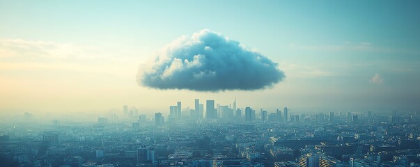 Fototapete - Cloud computing concept with a digital cloud hovering over a cityscape, symbolizing data storage, technology, and the future of urban connectivity in a modern, techdriven world