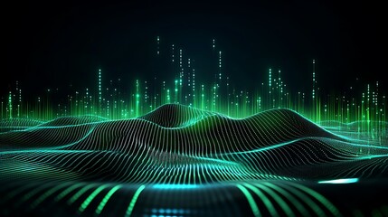 Wall Mural - abstract digital landscape with green light waves and sparkling particles in a dark environment