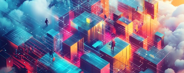 Fototapete - Digital illustration of cloud computing with API management concepts, showcasing seamless data flow, analytics, and network connectivity in a modern, techdriven environment
