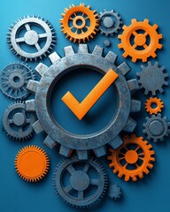 Fototapete - Gears and a checkmark representing process optimization