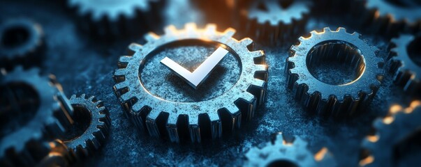 Fototapete - Gears and a checkmark in a conceptual design