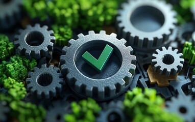 Fototapete - Gears and a checkmark symbolizing process optimization and quality assurance
