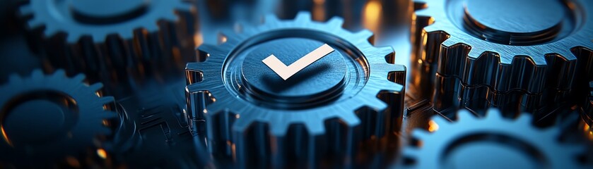 Fototapete - Gears working together with a checkmark