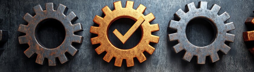 Fototapete - Gears working together with a checkmark