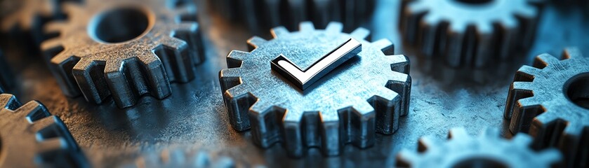 Fototapete - Gears working together with a checkmark