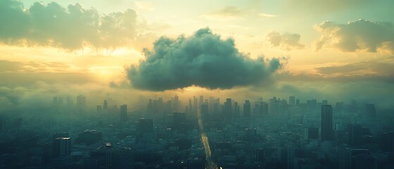 Aufkleber - A digital cloud representing cloud computing over a cityscape, showcasing the integration of technology, data storage, and modern infrastructure in a futuristic urban environment