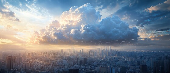 Aufkleber - A digital cloud representing cloud computing over a cityscape, showcasing the integration of technology, data storage, and modern infrastructure in a futuristic urban environment