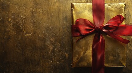 Wall Mural - Beautifully Wrapped Gold Gift Box with Red Satin Ribbon on an Elegant Textured Background for Celebrations and Special Occasions