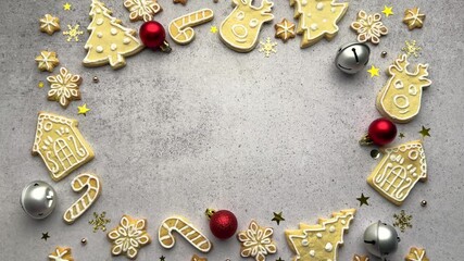 Wall Mural - Christmas cookies forming a circle on a grey background