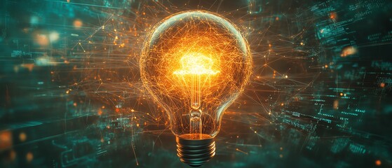 Aufkleber - A glowing light bulb surrounded by a complex network of digital connections, symbolizing the power of creative ideas and innovation, set against a futuristic, techdriven background