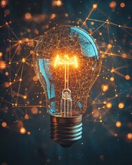 Leinwandbilder - A glowing light bulb surrounded by a network of digital connections