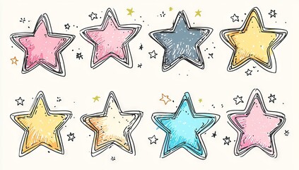 Wall Mural - A collection of hand-drawn star doodles with a sparkling shine. These star illustrations feature twinkling, glowing, and glittering effects, perfect for a magical party atmosphere in a modern style.