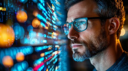 a male investor and employee, focused on programming and coding, works with holograms and cybersecur
