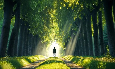 Wall Mural - a serene pathway illuminated by sunlight, flanked by tall trees, with a solitary figure standing at 
