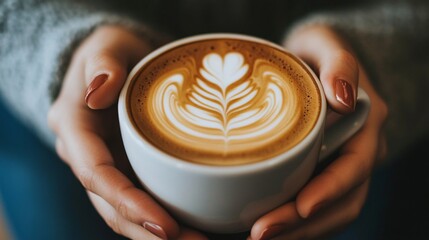 Wall Mural - Woman holding latte art coffee in ceramic cup