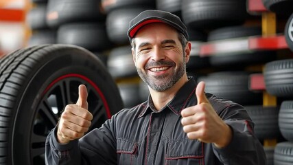 Wall Mural - A happy mechanic in an auto repair shop gives a car tire the thumbs up.