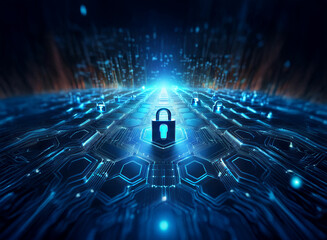 Aufkleber - A glowing blue padlock sits at the center of a digital landscape, symbolizing online security and data protection within a complex network.