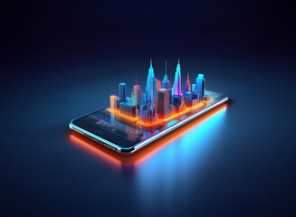 Poster - A vibrant, stylized cityscape sits atop a glowing smartphone, representing the digital age and mobile technology's connectivity.