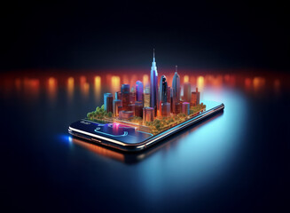 Poster - A miniature metropolis, vibrant and glowing, rests on a sleek smartphone.  The city's lights reflect on the phone's surface against a dark background.  Modern technology and urban life converge.