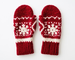 A pair of knitted red mittens with white snowflake patterns, placed on a white background