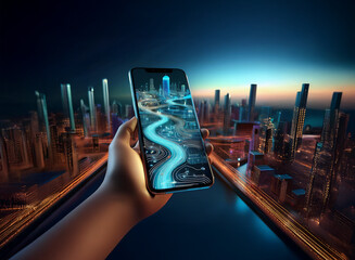 Poster - A hand holds a smartphone displaying a futuristic city map at night.  The glowing interface shows a dynamic route through a modern cityscape.