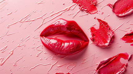 Wall Mural - red lipstick kiss marks on pink background: red lipstick kiss marks scattered on a pink background, 