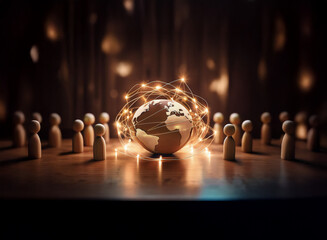 Poster - Glowing lights connect a miniature globe surrounded by wooden figures, symbolizing global connection and community.  A dark, moody background enhances the image's impact.