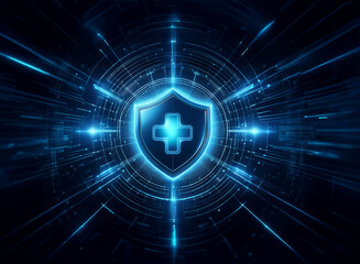 Fototapete - A glowing blue shield with a cross, set against a dark, futuristic technological background, symbolizes digital health security and protection.
