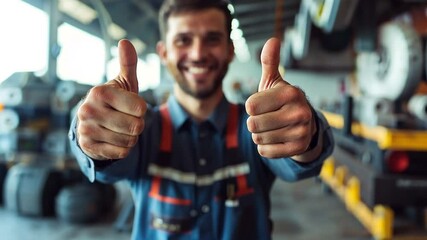 Wall Mural - A happy mechanic in an auto repair shop gives a car tire the thumbs up.