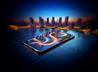 Fototapete - A miniature cityscape and winding road elegantly rest on a smartphone, symbolizing seamless urban navigation and technological advancement.  The futuristic scene hints at smart city concepts and mobil