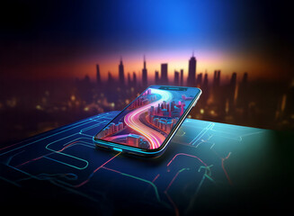 Poster - A smartphone displays a vibrant, stylized city road on its screen, resting on a futuristic circuit board against a cityscape sunset backdrop.  The image evokes themes of technology, connectivity, and 