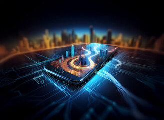 Aufkleber - A futuristic cityscape miniature winds along a digital highway displayed on a smartphone, resting on a circuit board.  The scene glows with vibrant blue and orange hues, suggesting technological innov
