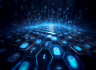 Fototapete - Abstract digital landscape with glowing blue hexagons, each containing a unique icon, forming a futuristic grid. Data streams flow from above, creating a sense of depth and technological advancement.