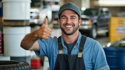 Wall Mural - A happy mechanic in an auto repair shop gives a car tire the thumbs up.