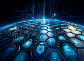 Aufkleber - A futuristic digital sphere composed of glowing blue hexagons, each featuring a padlock icon, symbolizes global cybersecurity and data protection.  The design suggests a strong, interconnected network