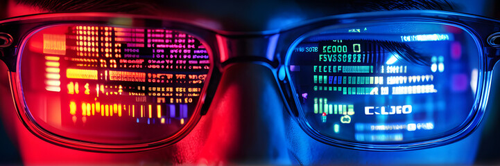 Wall Mural - computer code reflection on tech programmer glasses cyber information digital data software hacker s