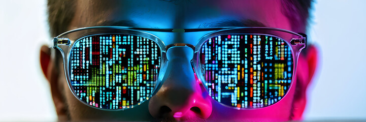 Wall Mural - computer code reflection on hacker programmer glasses cyber information data software encryption sec