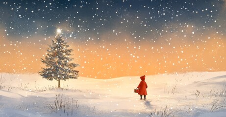 Sticker - The serene and peaceful scene shows a man in a snowy field, admiring a Christmas tree with a look of awe.