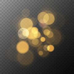 Poster - Festive gold colored bokeh lights. Transparent background. Bright blur light effect. Abstract blurred overlay template. Graphic template. Vector illustration.