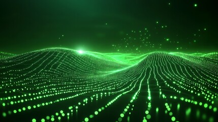 Wall Mural - Green Digital Landscape with Glowing Particles and Wavy Lines Representing Data Flow and Technology Concepts